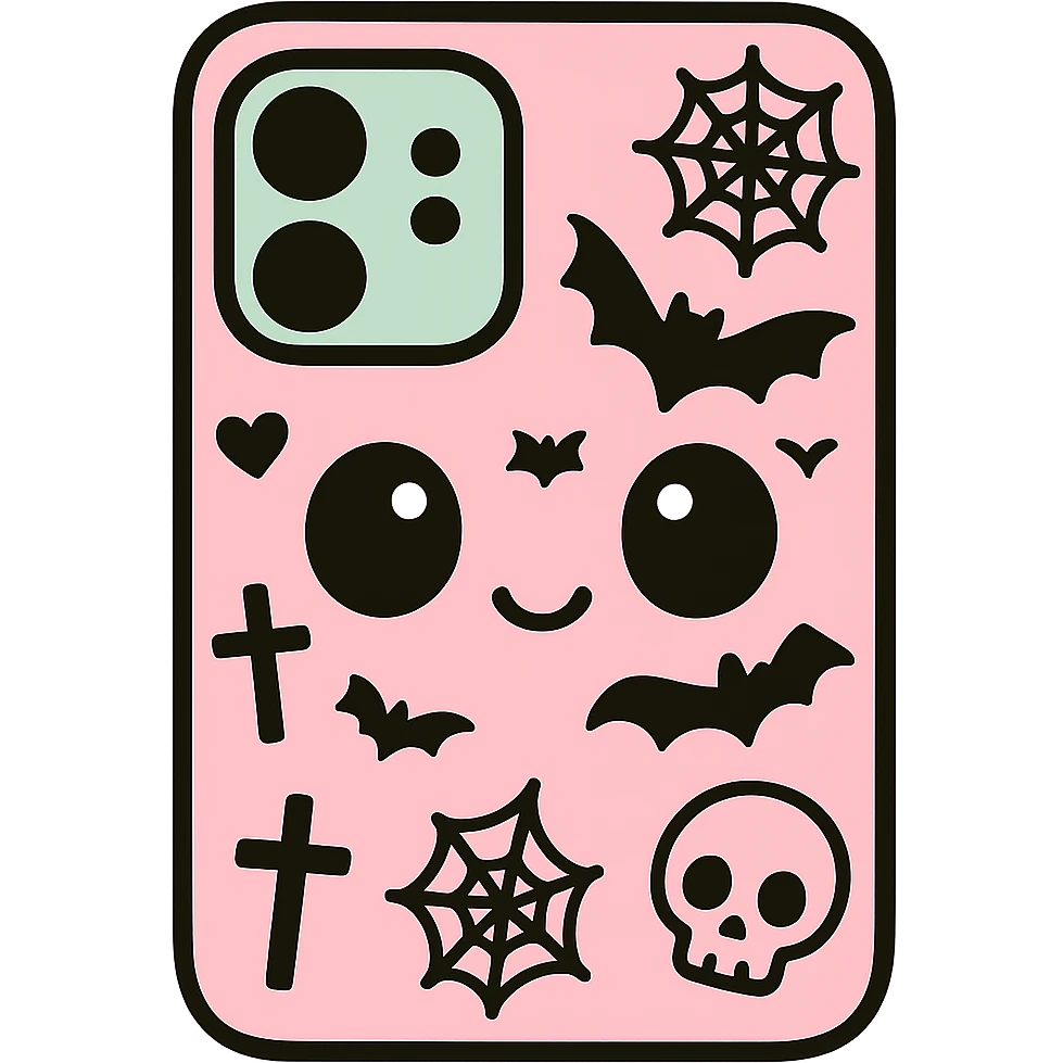 Add more gothic symbols such as crosses, spiderwebs, bats, and skulls to the pink and black kawaii phone case. Keep big eyes, heart accents, smiling, playful, with no background. emoji