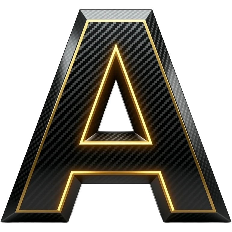 A heavy, angular 3D letter 'A' crafted from matte-black forged carbon fiber with glowing veins of molten gold. Sharp, precision-cut edges, automotive-grade finish, luxury sports car aesthetic, dark moody lighting emoji