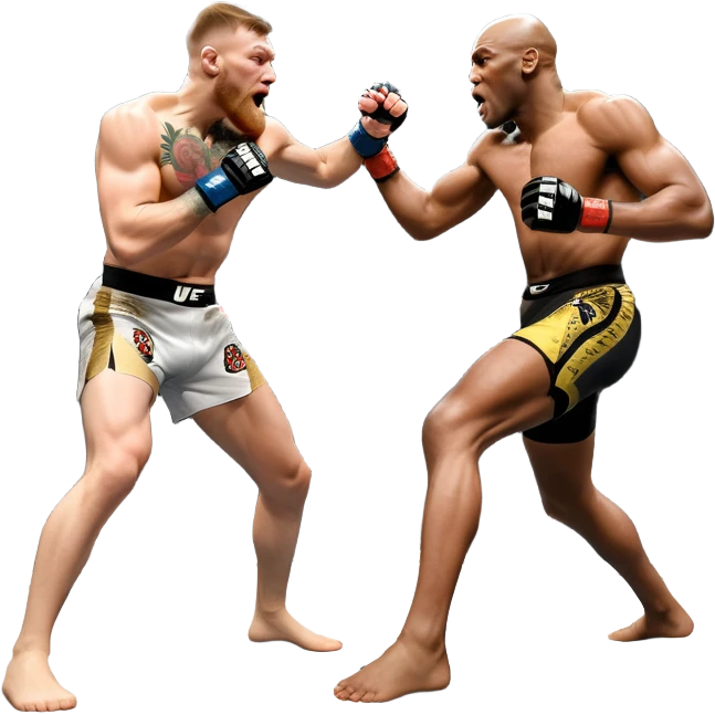 An MMA showdown between Conor McGregor and Anderson Silva in the octagon. McGregor is executing a jumping strike, while Silva skillfully deflects the attack. The background shows the UFC octagon with roaring fans and vibrant energy. Transparent background. emoji