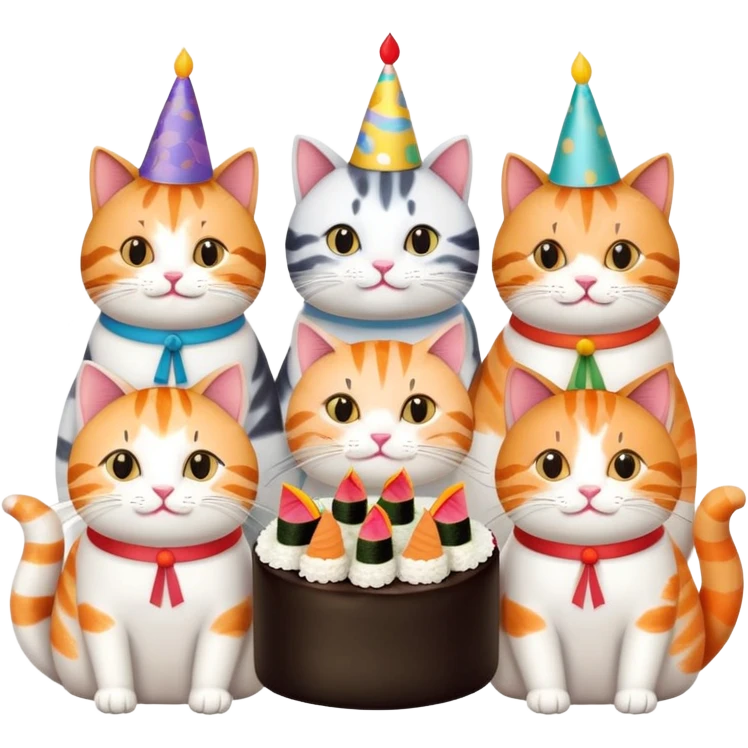 exactly six individual cats in a row celebrating one cat's birthday, each cat clearly visible and holding a piece of sushi, birthday cake in center, all six cats with party hats emoji