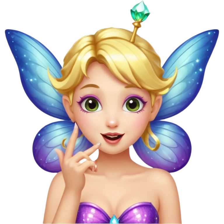 sexy and funny fairy, blowing a kiss, mischievous smile, sparkly wings, minimal background emoji
