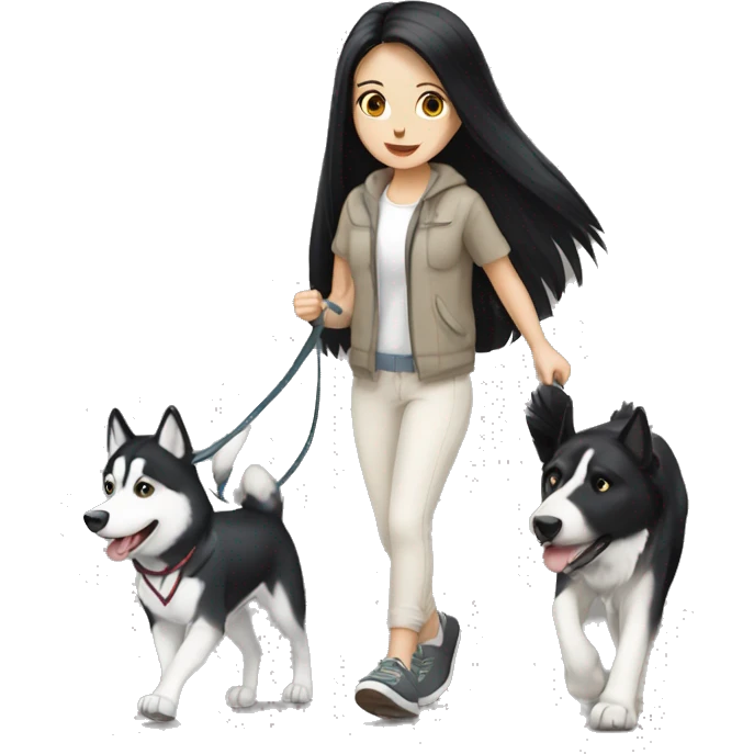 Long black hair pale girl walking husky dog emoji