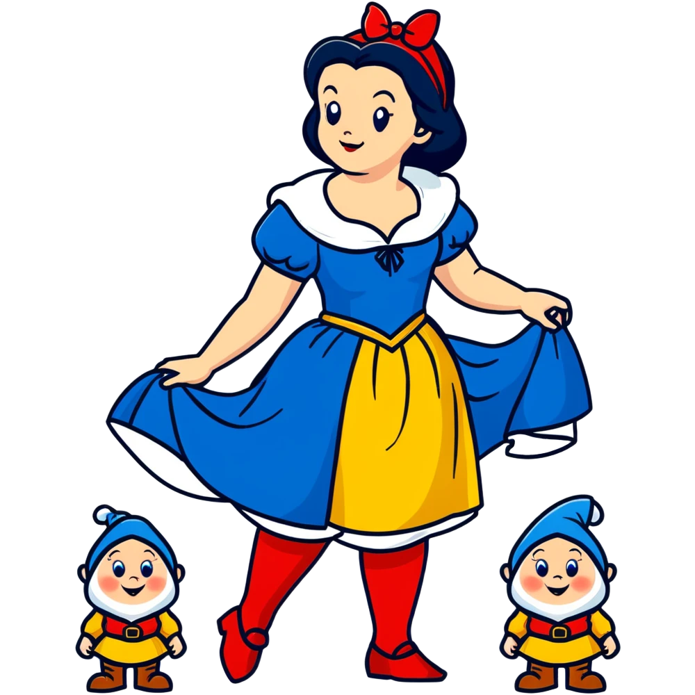 Snow White standing gracefully in a lush forest, surrounded by the Seven Dwarfs emoji