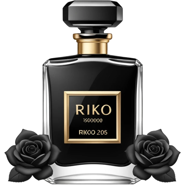 Realistic detailed black luxury perfume bottle with the name Riko on the front decorated with black and white roses emoji