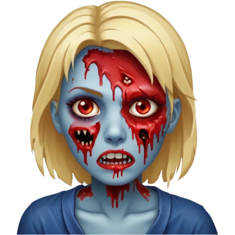 zumbi feminino com cortes no rosto, olhos baixos e vermelhos, cabelo loiro e rosto azul escuro, boca e olhos sangrando cm fundl azul e mais sangues possível emoji
