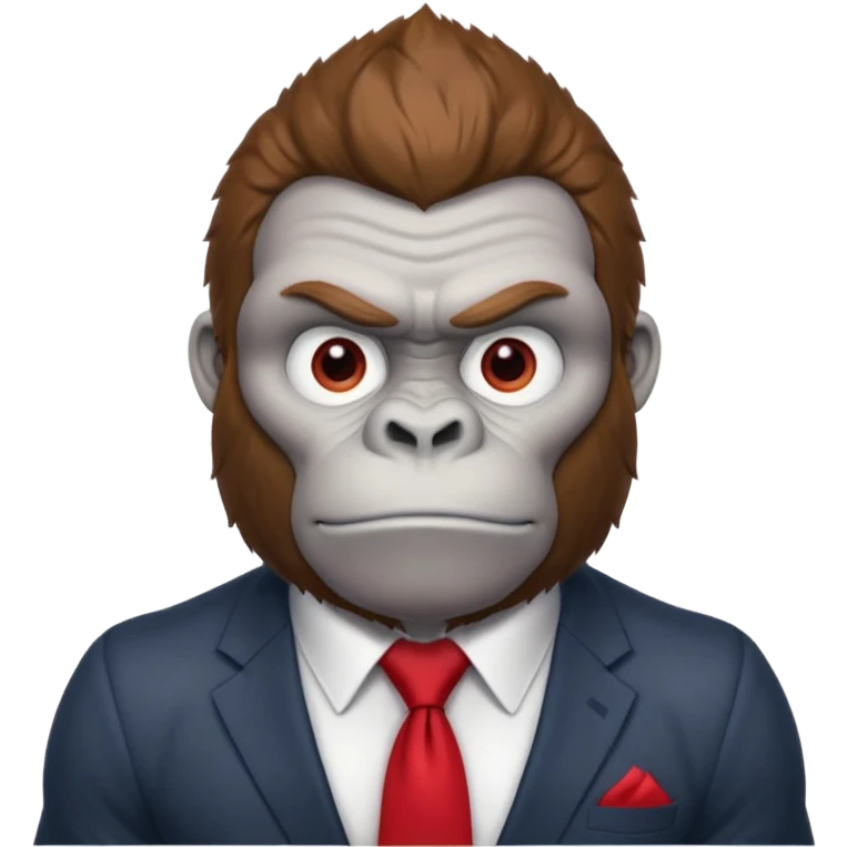 Brown haired cartoon gorilla with tufted tip of hair on the top of his head, light skin tone, heavy brows and cartoony eyes, he is a strong ape with and a red tie x💪🦍 emoji