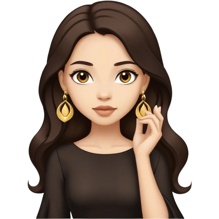 Beautiful woman,cute, long dark brown hair in dark dress with gold earrings emoji