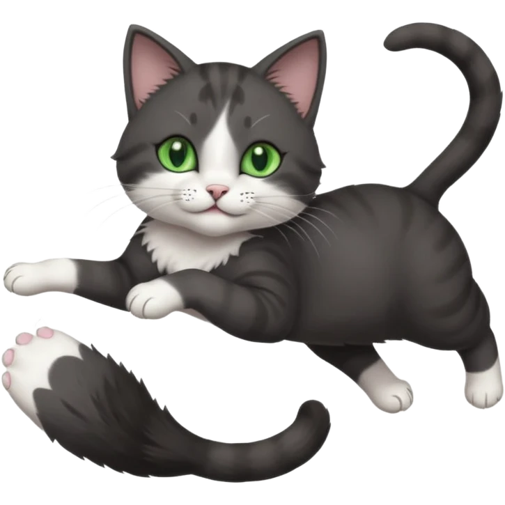 beautiful female solid dark grey cat with green eyes, white toes/paws and white patch on her chest playfully rolling upside down emoji