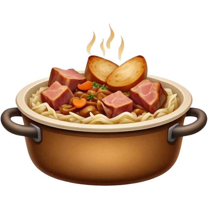 Cinematic Realistic Bigos Dish Emoji, showcasing a hearty stew of sauerkraut and meats rendered with rich textures and dynamic, rustic lighting. emoji