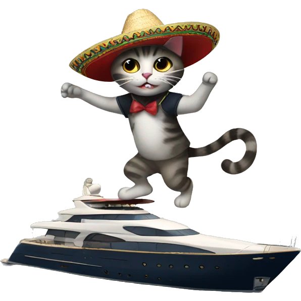 A cat on top of the yacht doing a dance with a sombrero emoji