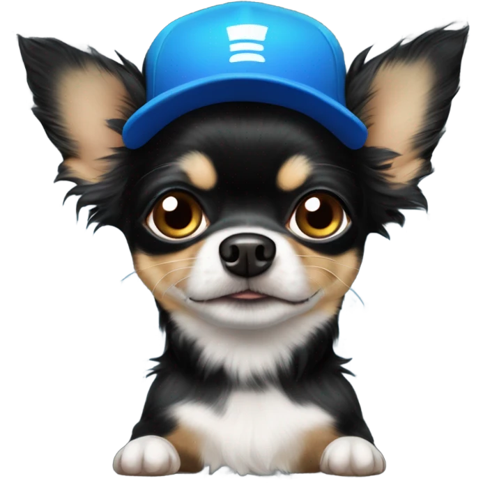 cute all black long haired Chihuahua being held by old man with blue eyes goatee in ball cap emoji
