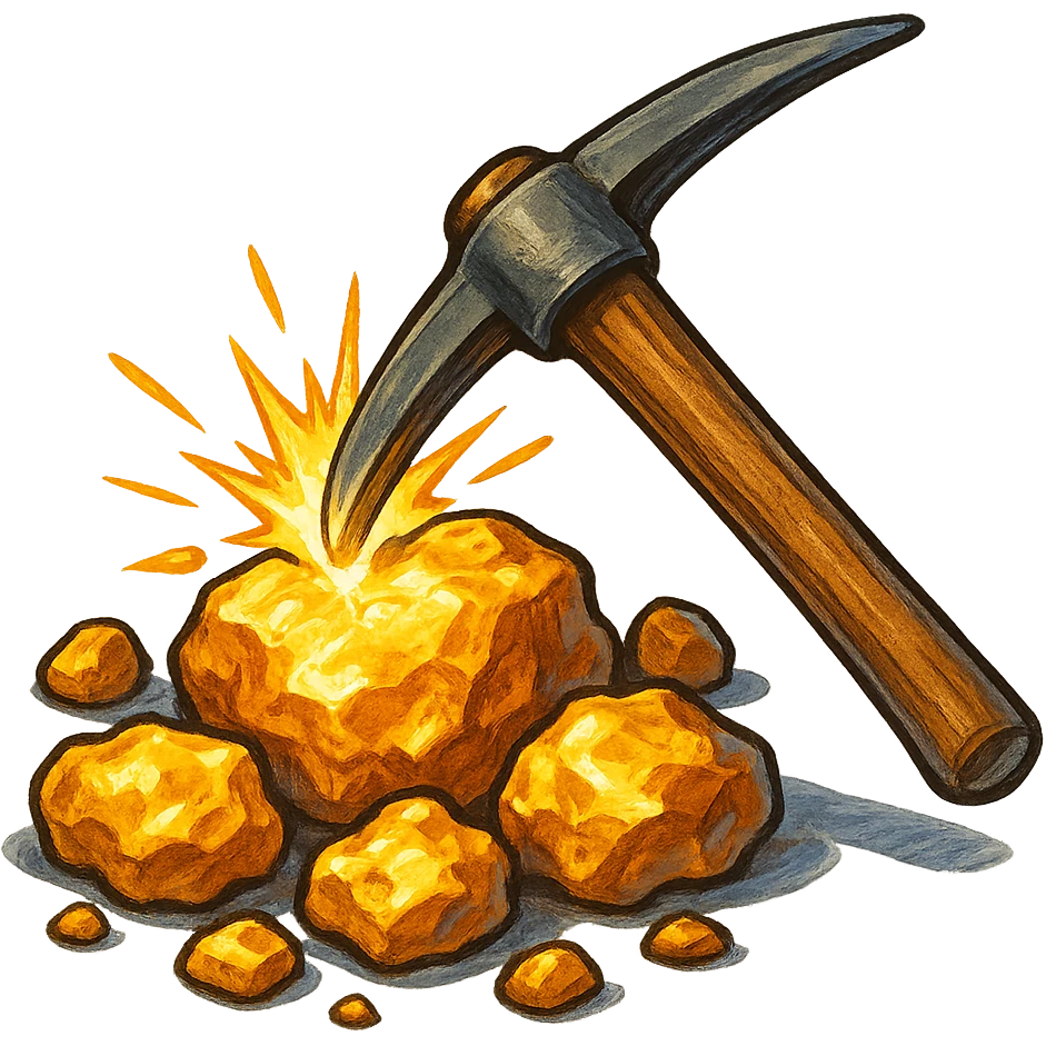 В cлегка рисованной, но при этом объемной и яркой стилистике сгенерируй картинку горстки золотых самородков, по которой бьет кирка, прозрачный фон emoji