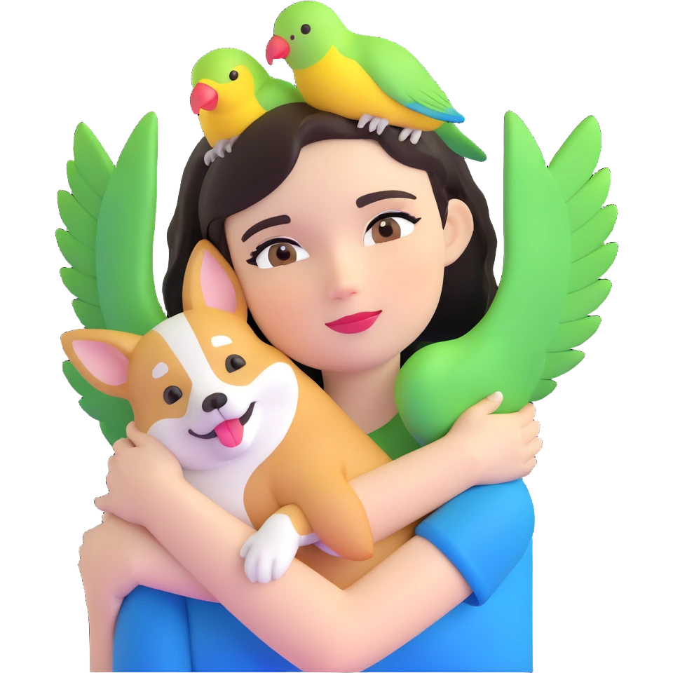 Dark short hair, dark brown eyes with pale skin and thin eyebrows girl hugging a welsh corgi. And a green-reddish lovebird on her head with yellow, blue love birds around her. emoji
