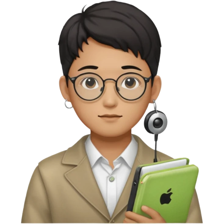 korean male guy 20s wearing an apple notebook, wearing radio earrings, round glasses, achromatic clothes, and achromatic clothes. emoji