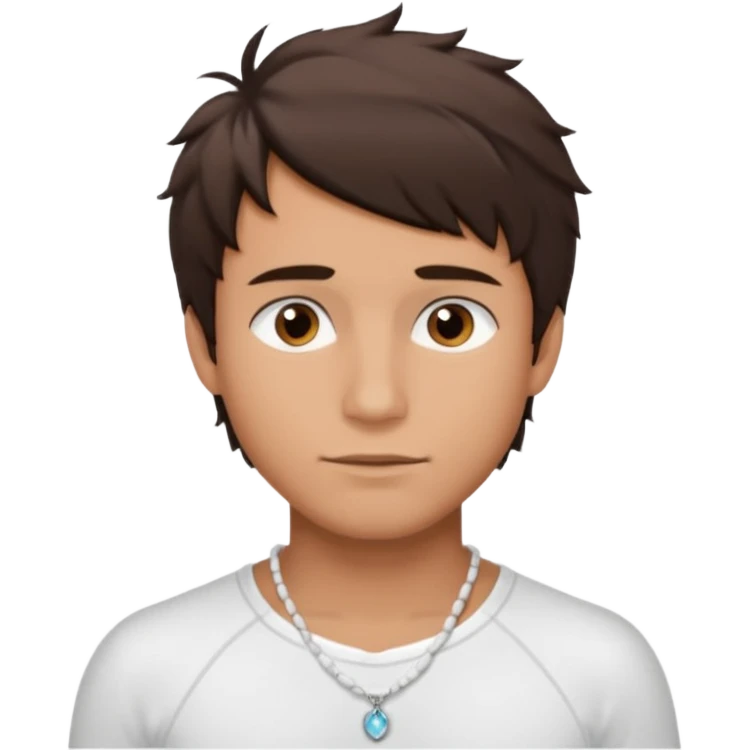 create an emoji of a young man. he has a surfer look, with short messy dark brown hair, brown eyes, tanned skin, natural lips. he wears a white tight shell necklace with a white shirt emoji