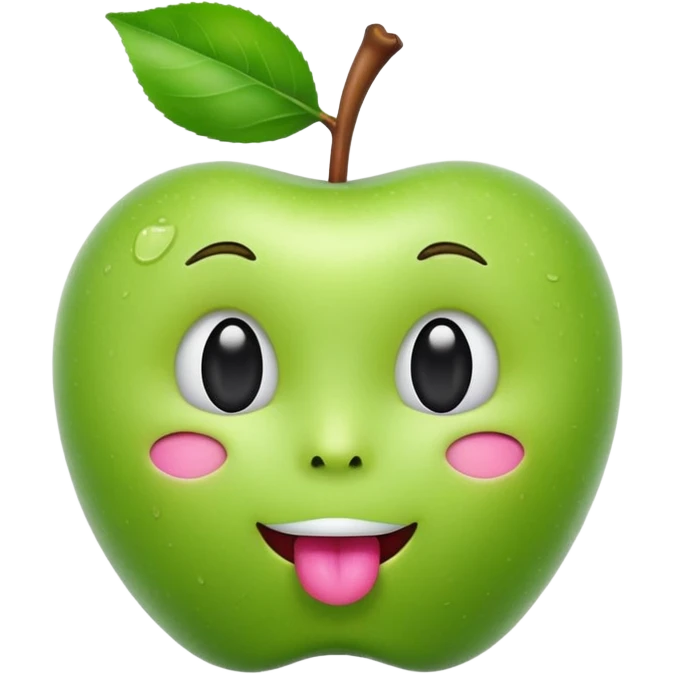 3D iOS-style emoji of a green apple with a cute human face: glossy, soft shading, big black eyes, tiny nose, open mouth with tongue, stem and leaf on top, white background emoji