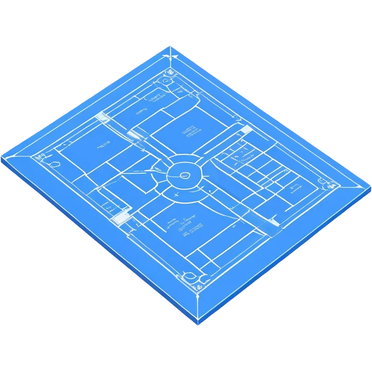 blue blueprint plan with white lines, isometric angle showing both side and top emoji