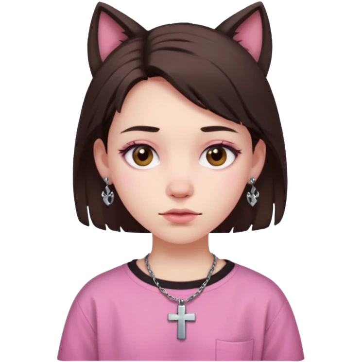A girl with pale skin, a dark brown wolfcut,baggy pink shirt and cross earrings  emoji
