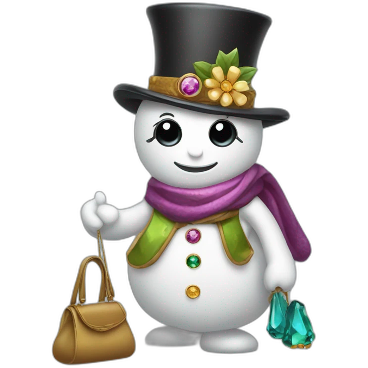 snow woman with designer top hat eyes and buttons are made of precious gems holding a purse in stick arms with a back pack on emoji