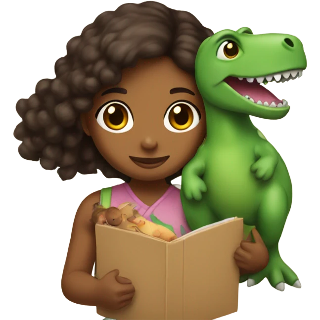 Brown girl holding green plush dino emoji