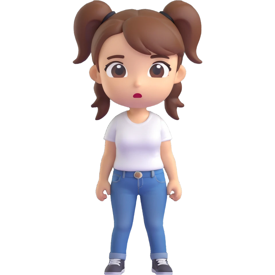 3D chibi-style woman with ponytail, white t-shirt, jeans, confused face emoji