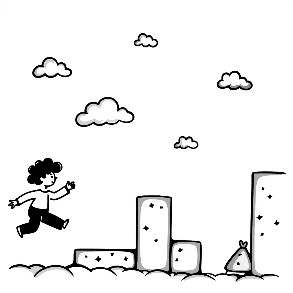 pixel art of a retro side-scrolling video game scene with blocks, platforms, clouds and a character jumping, 8-bit Game Boy style emoji