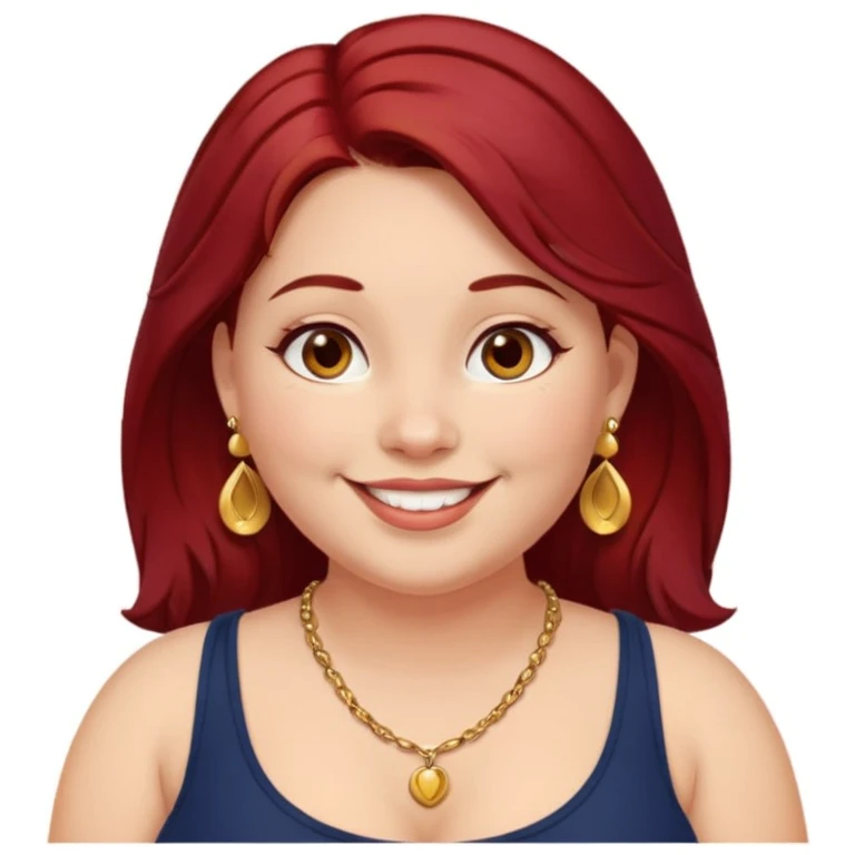 Chubby girl, shoulder length dark red hair, brown eyes, dimples, gold earrings, and necklaces emoji