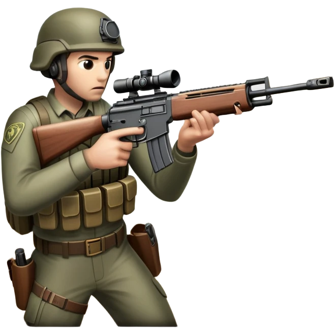 An icon representing a first-person shooter, inspired by Call of Duty. The design shows hands holding a rifle at the bottom of the screen, with enemies in the background and a detailed landscape. The action is intense, with gunfire and dynamic movement. Transparent background. emoji