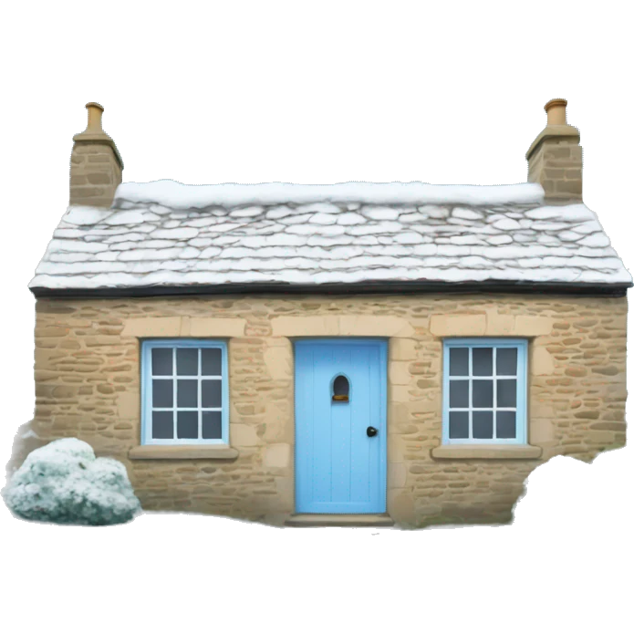 Snowy stone cotswolds cottage with sky blue door  emoji