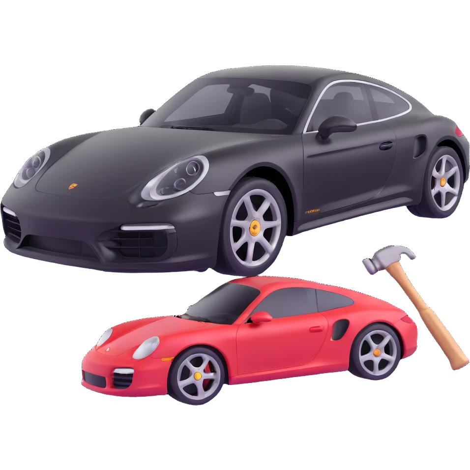 Porsche luxury car with dent repair tools like a lever and small hammer, elegant and modern emoji