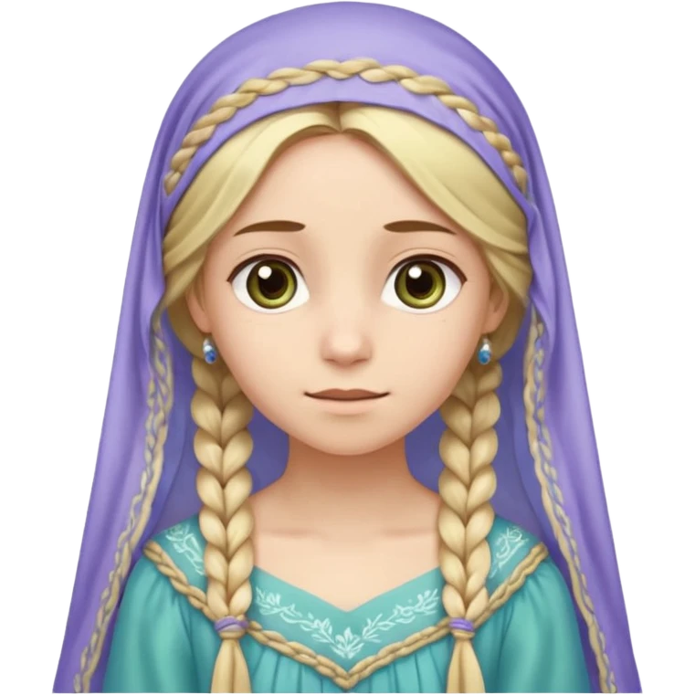 
mujer, Joven, de aspecto dulce y elegante.
Piel clara, ojos grandes y expresivos (pueden ser azules o verdes), sonrisa triste.
Rubio o castaño claro, largo, con trenzas o velo.
Vestido largo de tonos suaves (blanco, azul o lavanda), con bordados dorados; un manto o toca fina cubriendo la cabeza.
 emoji