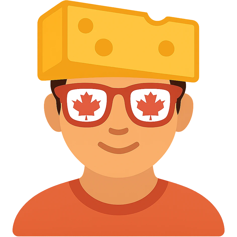 Add color to the icon: yellow cheese block, red and white Canada flag glasses, natural skin tone, simple colored shirt, keep background transparent. emoji