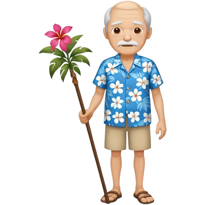 old man with hawai blue floweral shirt  full body with stick emoji