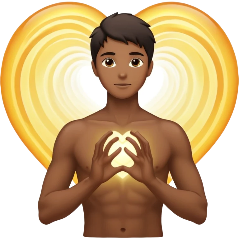 male silhouette with luminous aura, glowing heart, and energy ripples at hands, embodying awakening and quiet longing, no sharp features emoji