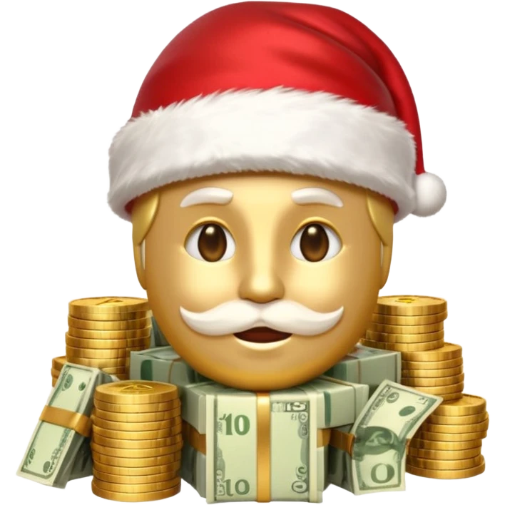 A confident rich emoji face wearing a Santa hat, money stacks, casino vibe, New Year theme, premium 3D emoji style, sharp details, no text, isolated on transparent background emoji