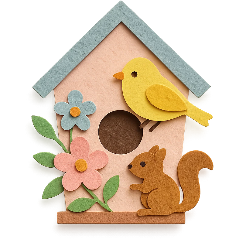 a cozy birdhouse with flowers and forest creatures, soft pastel colors, paper craft style emoji