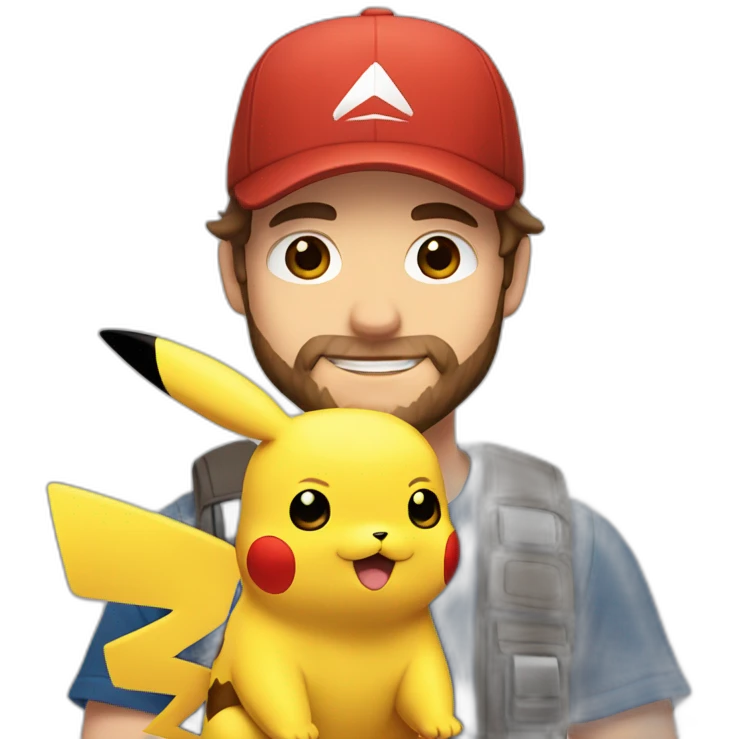 white man with brown hair and beard and a red cap, holding and a pikachu pokemon emoji