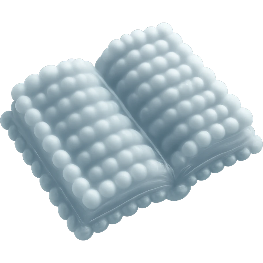top view of a thick open book made entirely of small, very bright white fluffy convex clouds, matte glass style, no background emoji