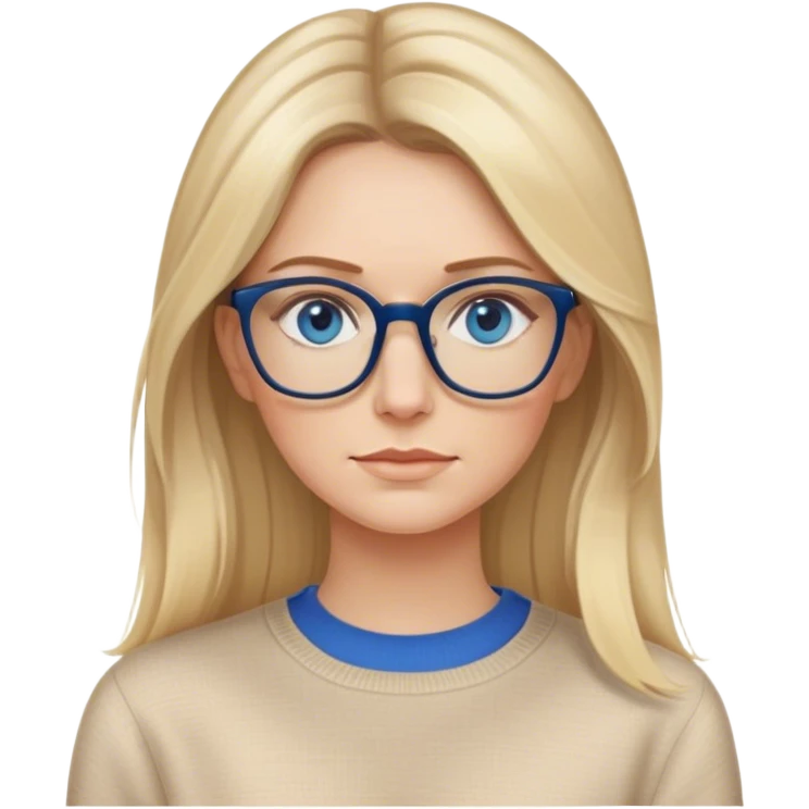 Adult White women, long blonde balayage hair, no smile, beige sweater, blue eyes and glasses  emoji