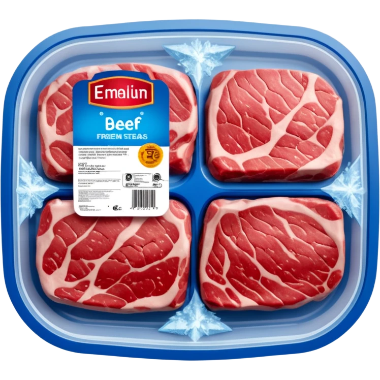 A vacuum-sealed plastic tray of frozen beef steaks, with visible frost and ice crystals on the meat surface. The label shows brand name, weight, and “Premium Beef Steaks.” The packaging has a transparent window revealing the red meat.  photorealistic food packaging. emoji