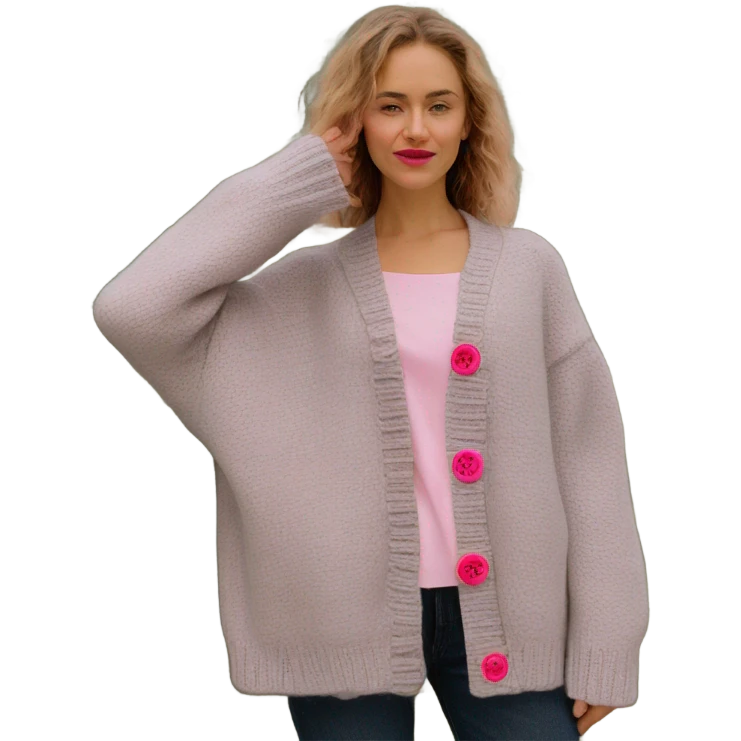 Sage oversize wool open short cardigan with pink buttons, isolated emoji