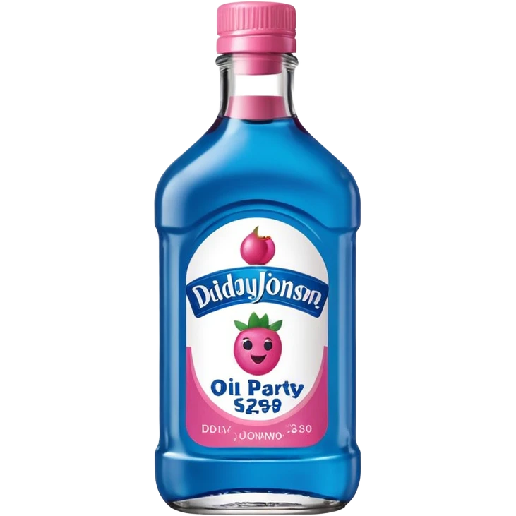 bottle of oil blue top pink outside with logo that says Diddy Party oil Johnson and Johnson  brand with a smiling berry on top emoji