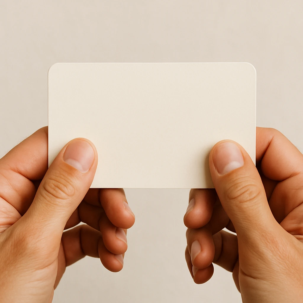 close-up of hands holding a card, thumbs on the card's front, fingers behind, minimal background emoji