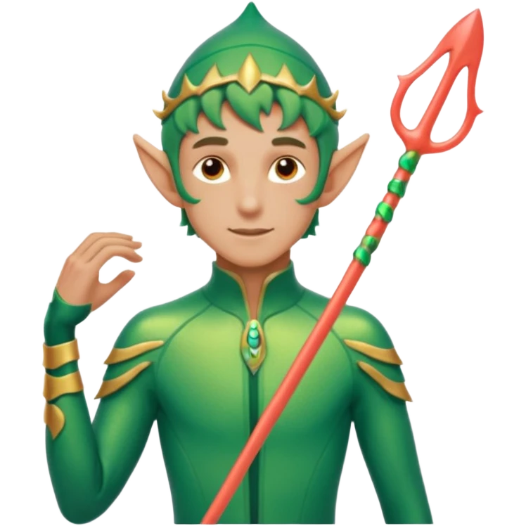 male elf in iridescent wetsuit, coral staff. Gills on neck emoji