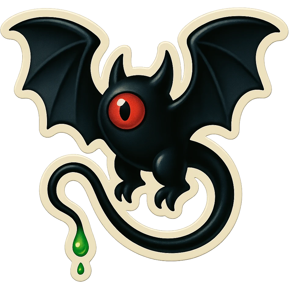 an all black reptilian bat-like creature. One cyclopian red eye in its face. no visible mouth or ears. has a long tale with a stinger that drips green poison emoji