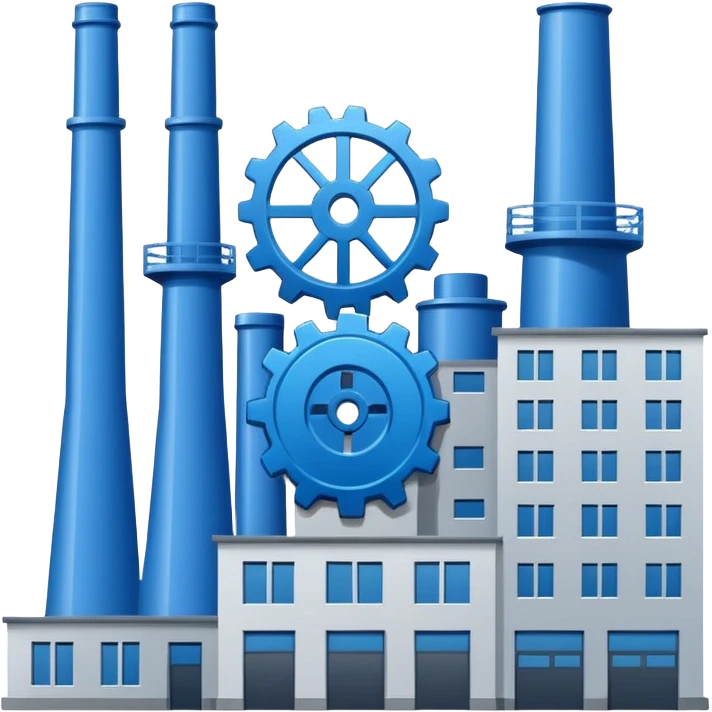 "A minimalist vector icon of a modern manufacturing factory building with a gear symbol above it. Blue and grey color scheme, flat design, white background, simple thick lines, professional business logo style." emoji