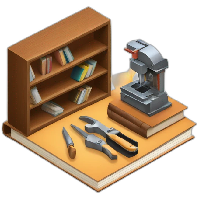 isometric BOOK with picture of wood, welder, leather, tools emoji