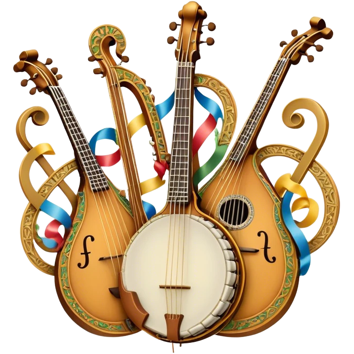 Create an intricate, festive, and emblematic emoji symbolizing plucked string instruments. The design should resemble a regal crest, featuring instruments like a banjo, mandolin, domra, sitar, and other plucked strings, arranged symmetrically in an ornate composition. Their necks and strings should elegantly intertwine with a flowing ribbon of musical notes, wrapping gracefully around the instruments. The overall shape should be grand and balanced, evoking a sense of tradition and celebration. Use a rich and refined color palette with gold, deep mahogany, and vibrant accents, adding intricate wood textures, decorative inlays, and metallic tuning pegs for a professional, polished look. The background should be transparent, making the emblem stand out as an independent artistic mark emoji