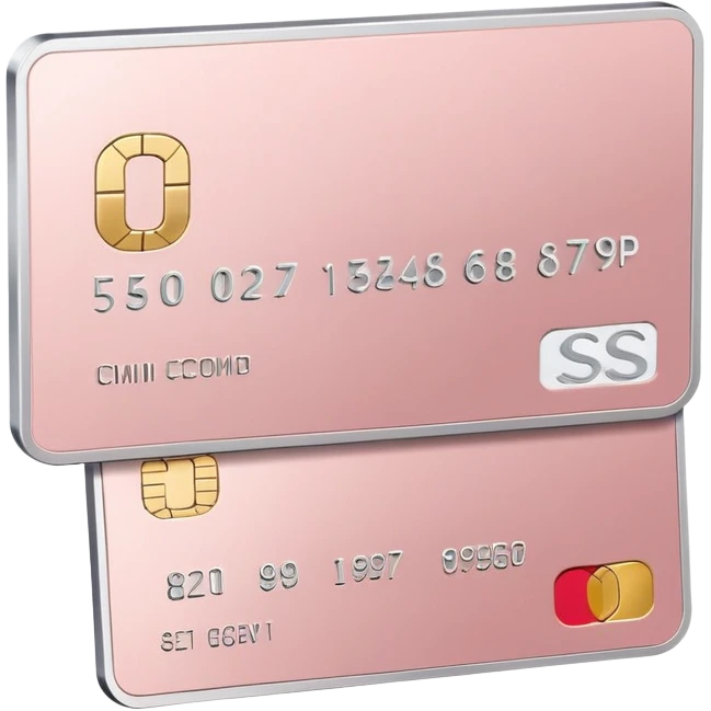 Blush pink credit card with gold chip and silver embossed numbers, minimal design, no logos, soft 3D style. emoji