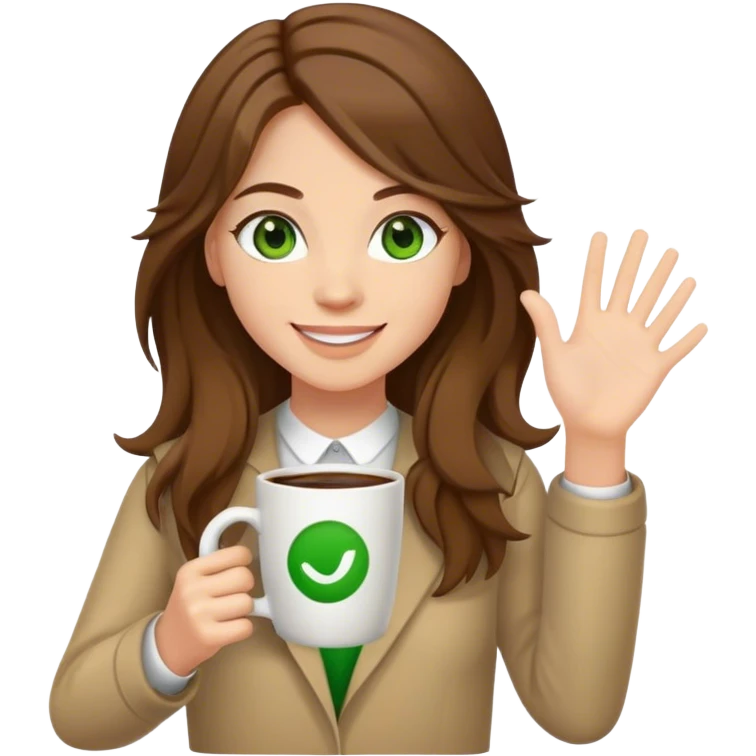 Full body, Long, Brown haired girl with middle hair part, with green eyes, smiling, waving with one hand, coffee mug in the other emoji